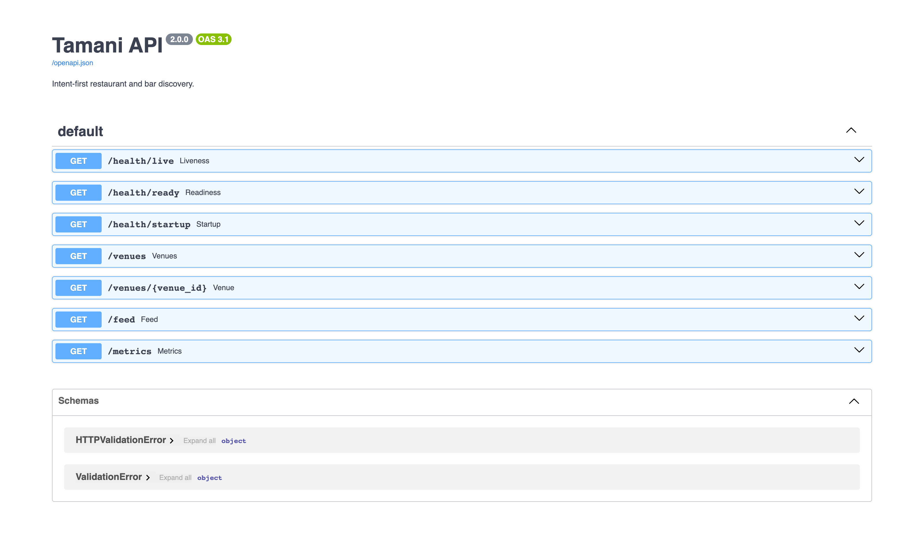 The live Tamani API explorer