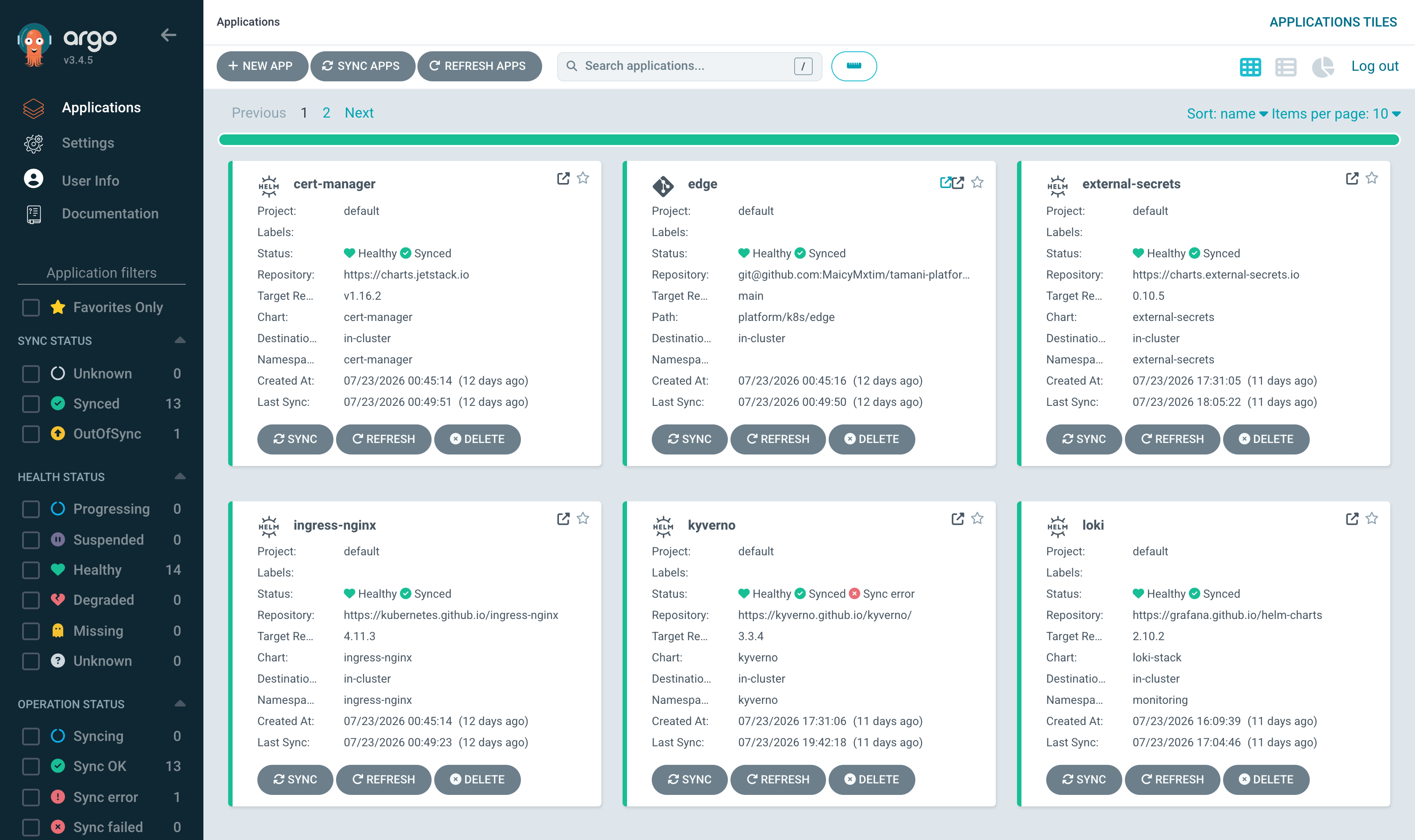 Argo CD managing the fourteen platform applications