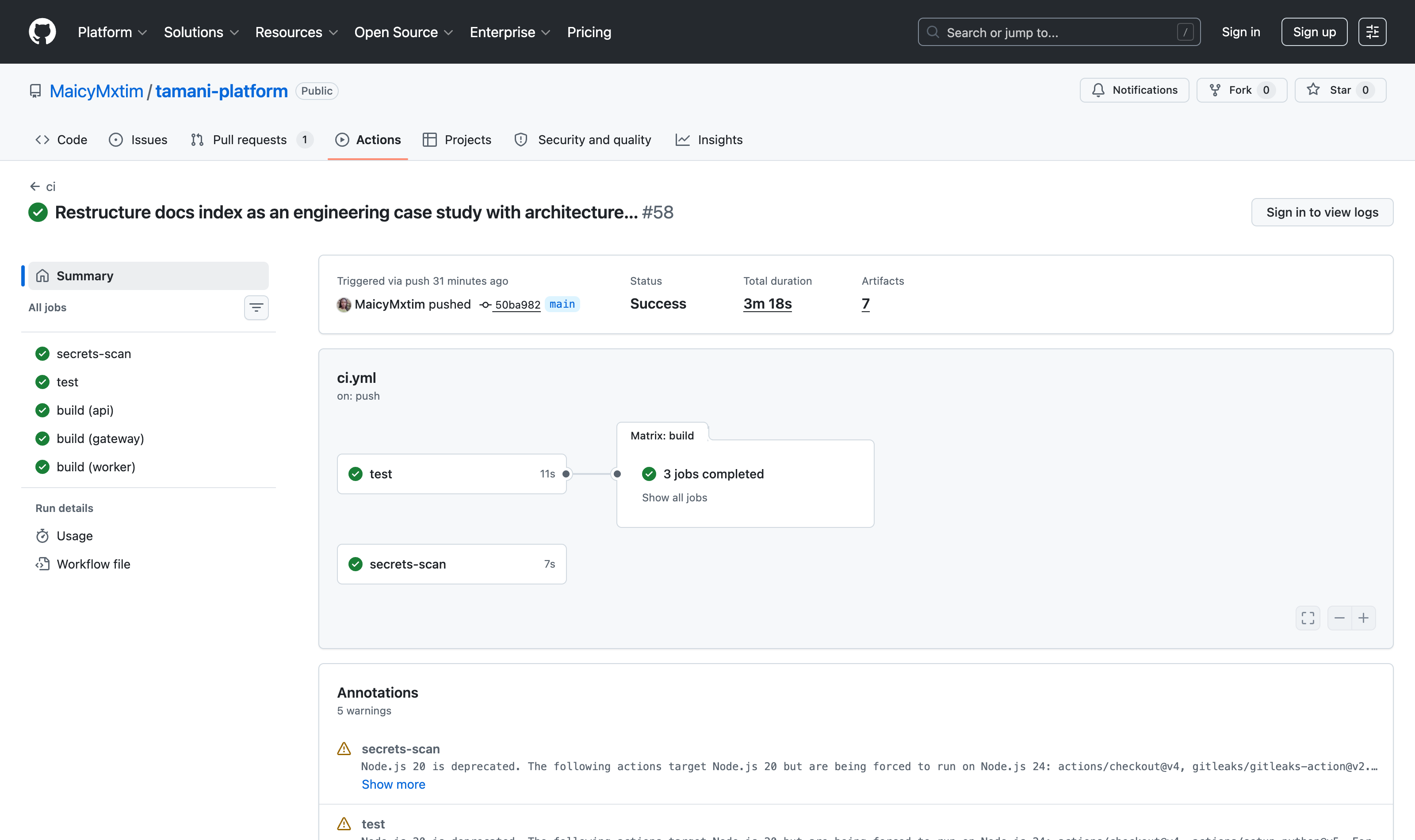 GitHub Actions CI run with secrets scan, tests and three parallel signed builds
